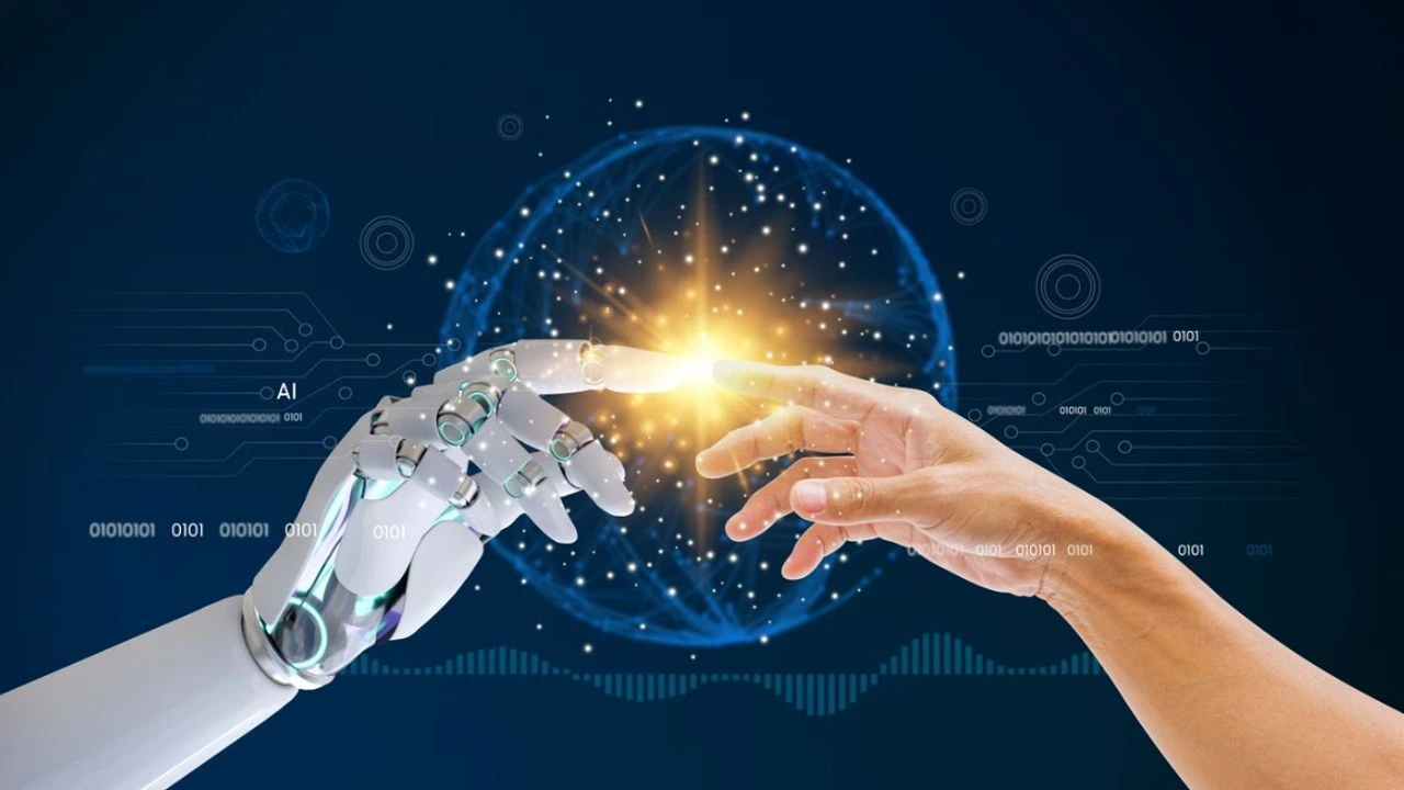 artificial-intelligence-ai-robot-finger-making-contact-with-human-hand